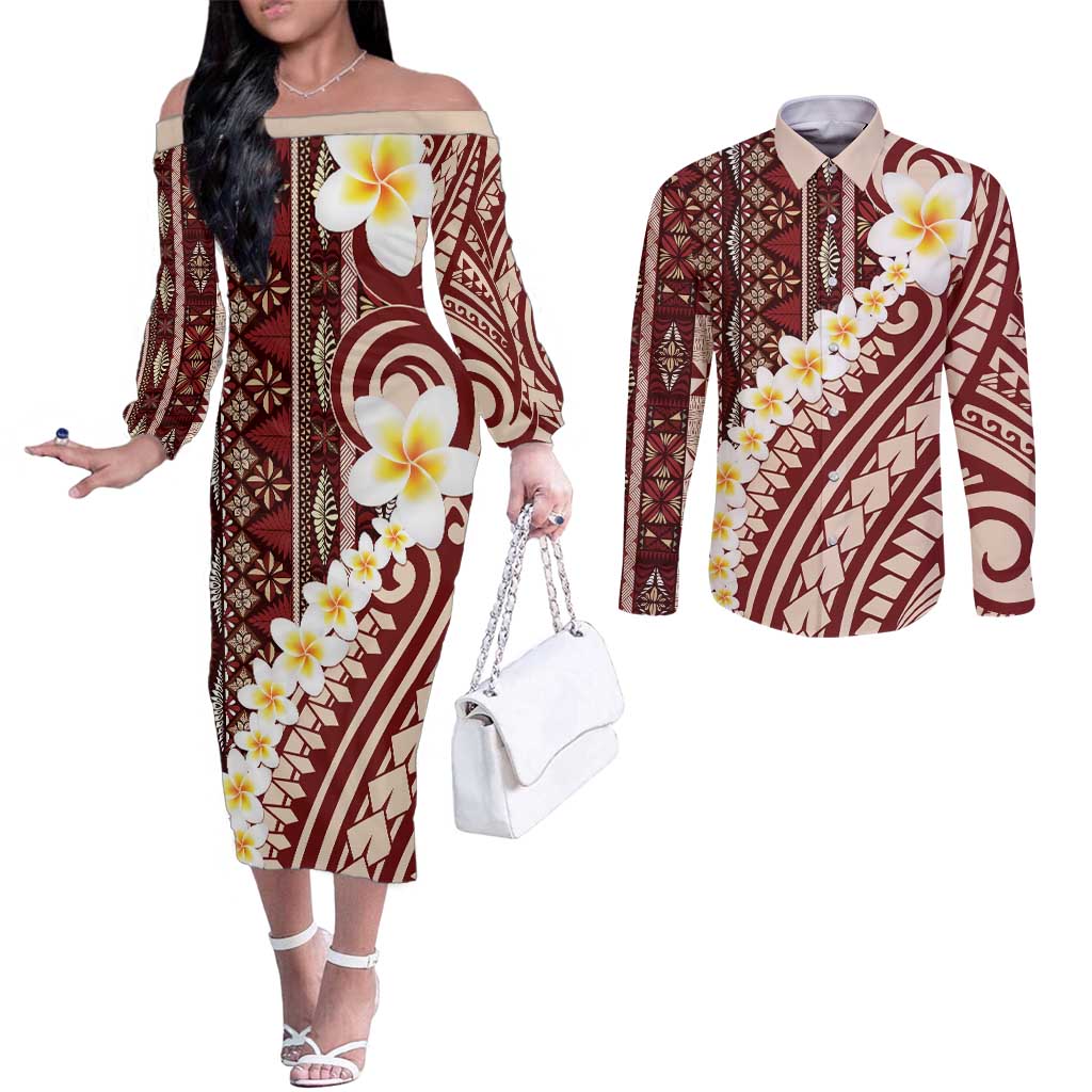 Red Vintage Tonga Ngatu Pattern With Plumeria Couples Matching Off The Shoulder Long Sleeve Dress and Long Sleeve Button Shirt LT05 Red - Polynesian Pride