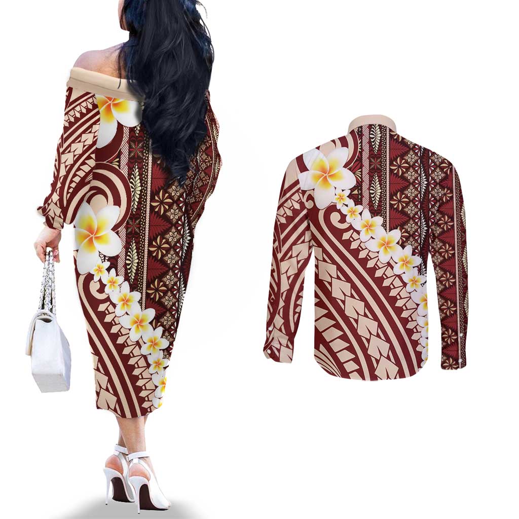 Red Vintage Tonga Ngatu Pattern With Plumeria Couples Matching Off The Shoulder Long Sleeve Dress and Long Sleeve Button Shirt LT05 - Polynesian Pride