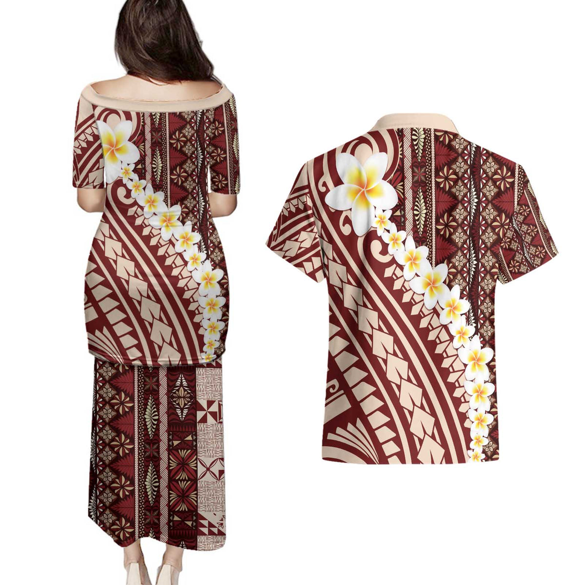 Red Vintage Tonga Ngatu Pattern With Plumeria Couples Matching Puletasi and Hawaiian Shirt LT05 - Polynesian Pride