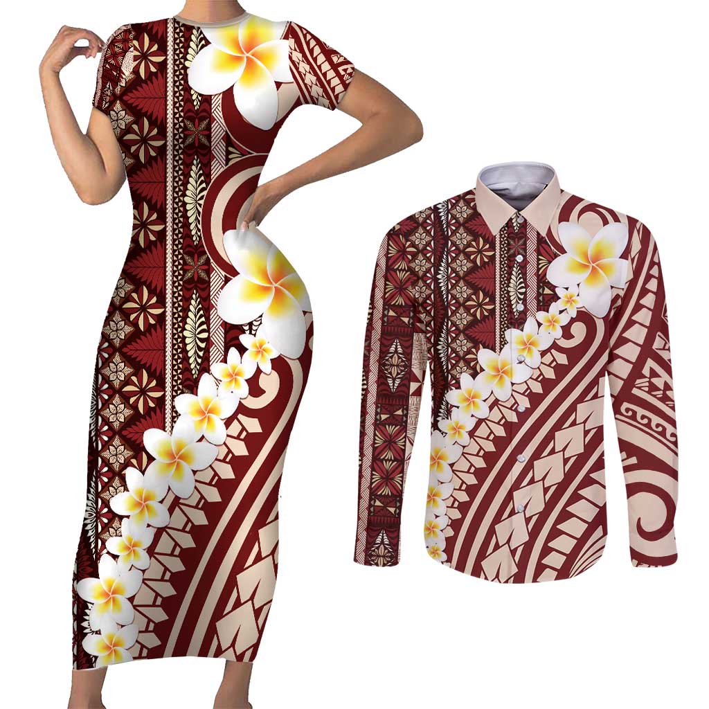 Red Vintage Tonga Ngatu Pattern With Plumeria Couples Matching Short Sleeve Bodycon Dress and Long Sleeve Button Shirt LT05 Red - Polynesian Pride