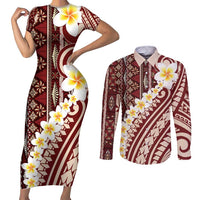 Red Vintage Tonga Ngatu Pattern With Plumeria Couples Matching Short Sleeve Bodycon Dress and Long Sleeve Button Shirt LT05 Red - Polynesian Pride