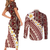 Red Vintage Tonga Ngatu Pattern With Plumeria Couples Matching Short Sleeve Bodycon Dress and Long Sleeve Button Shirt LT05 - Polynesian Pride