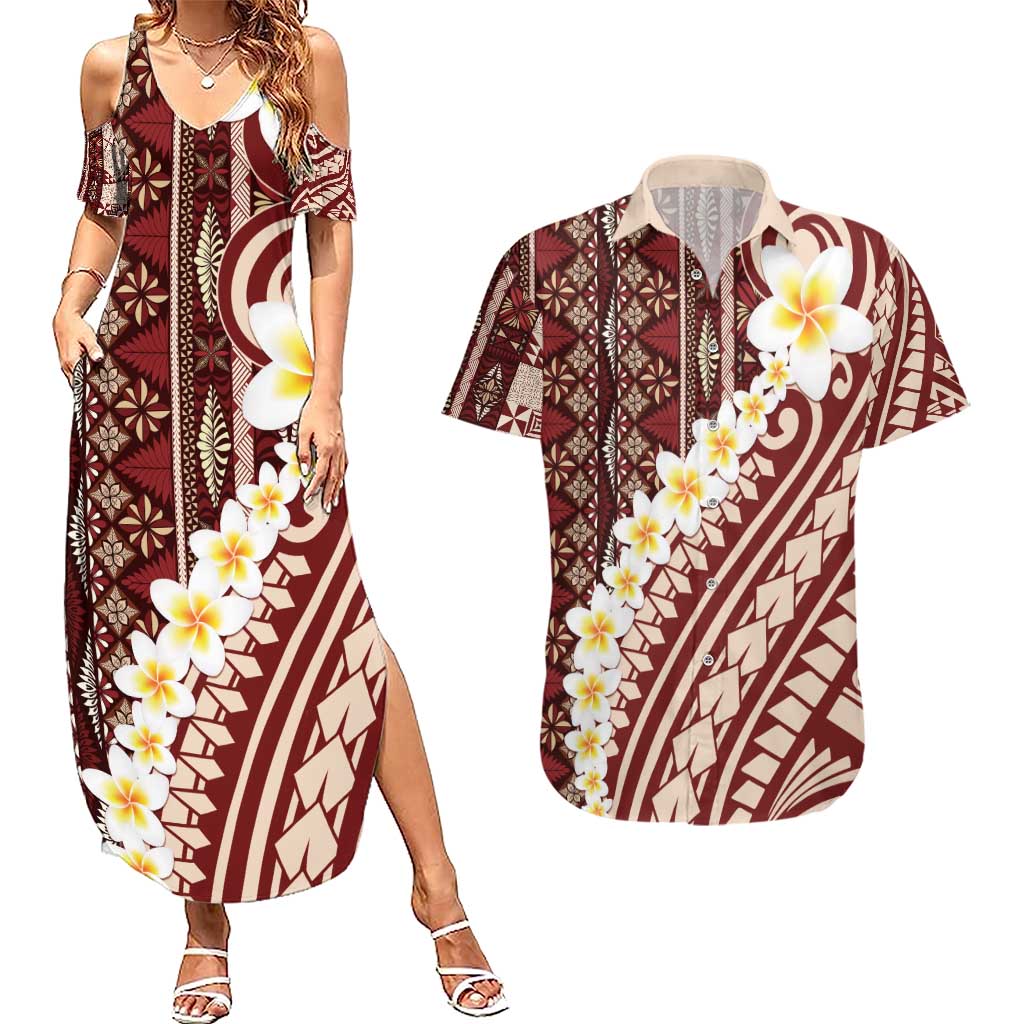 Red Vintage Tonga Ngatu Pattern With Plumeria Couples Matching Summer Maxi Dress and Hawaiian Shirt LT05 Red - Polynesian Pride