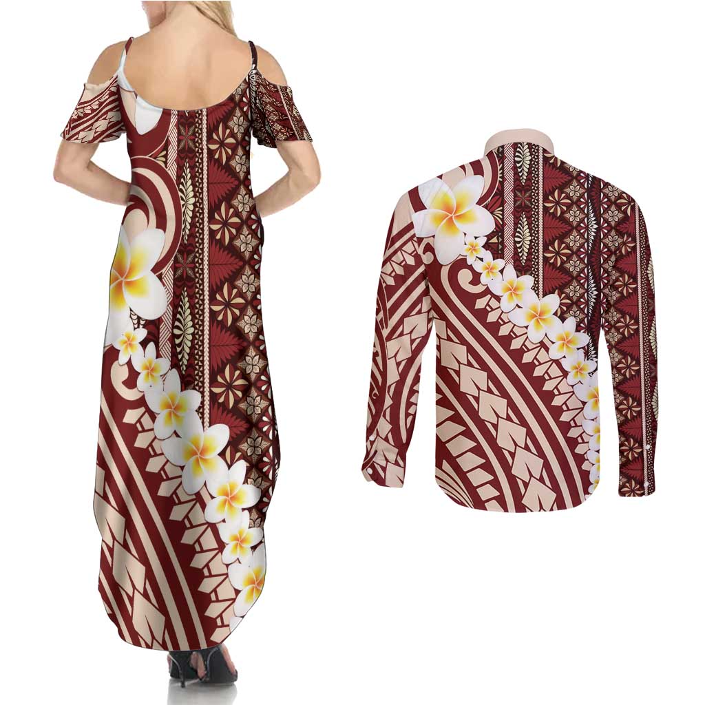 Red Vintage Tonga Ngatu Pattern With Plumeria Couples Matching Summer Maxi Dress and Long Sleeve Button Shirt LT05 - Polynesian Pride
