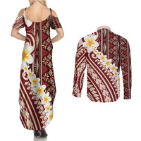 Red Vintage Tonga Ngatu Pattern With Plumeria Couples Matching Summer Maxi Dress and Long Sleeve Button Shirt LT05 - Polynesian Pride