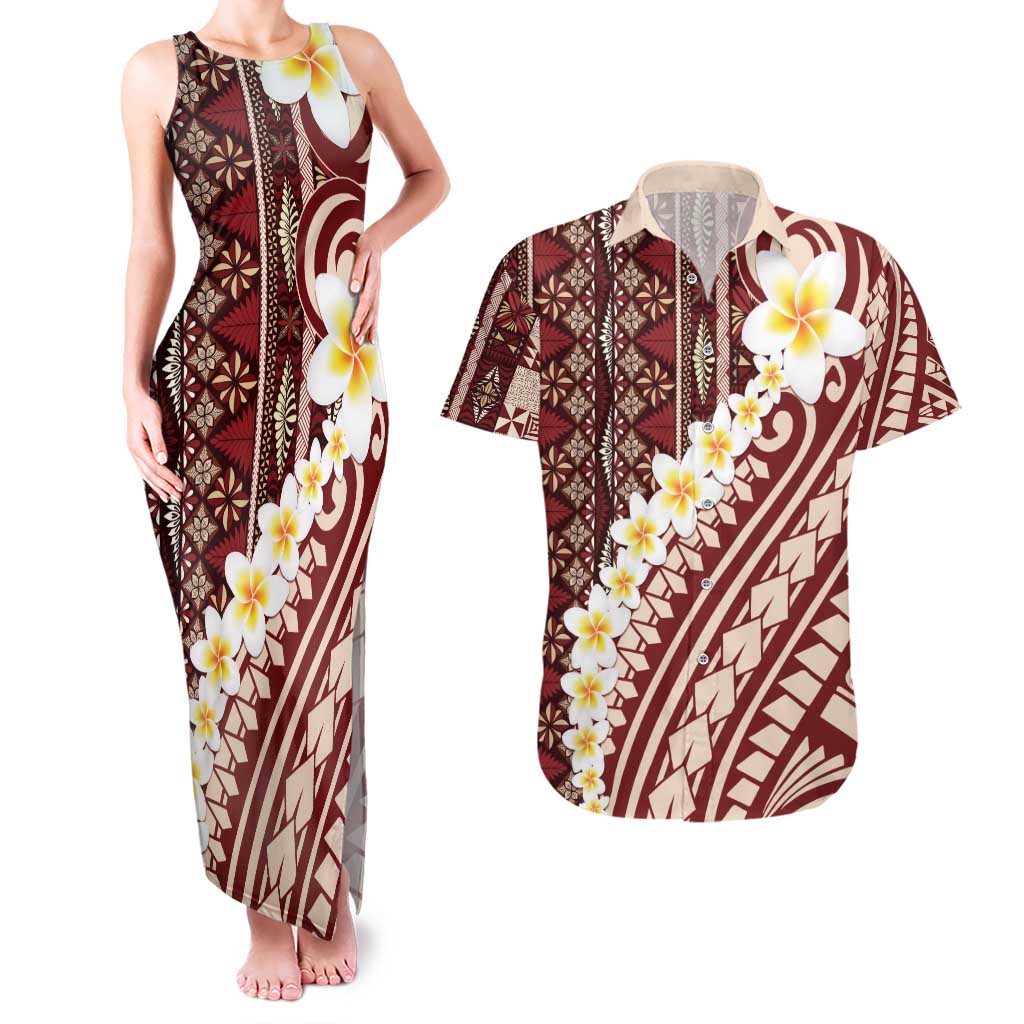 Red Vintage Tonga Ngatu Pattern With Plumeria Couples Matching Tank Maxi Dress and Hawaiian Shirt LT05 Red - Polynesian Pride