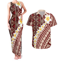 Red Vintage Tonga Ngatu Pattern With Plumeria Couples Matching Tank Maxi Dress and Hawaiian Shirt LT05 Red - Polynesian Pride