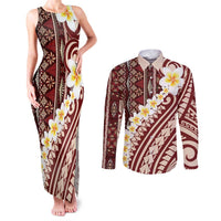 Red Vintage Tonga Ngatu Pattern With Plumeria Couples Matching Tank Maxi Dress and Long Sleeve Button Shirt LT05 Red - Polynesian Pride