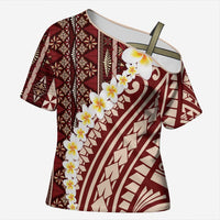 Red Vintage Tonga Ngatu Pattern With Plumeria Cross Shoulder Shirt LT05 Female Red - Polynesian Pride