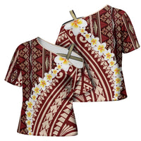 Red Vintage Tonga Ngatu Pattern With Plumeria Cross Shoulder Shirt LT05 - Polynesian Pride