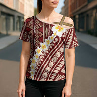 Red Vintage Tonga Ngatu Pattern With Plumeria Cross Shoulder Shirt LT05 - Polynesian Pride