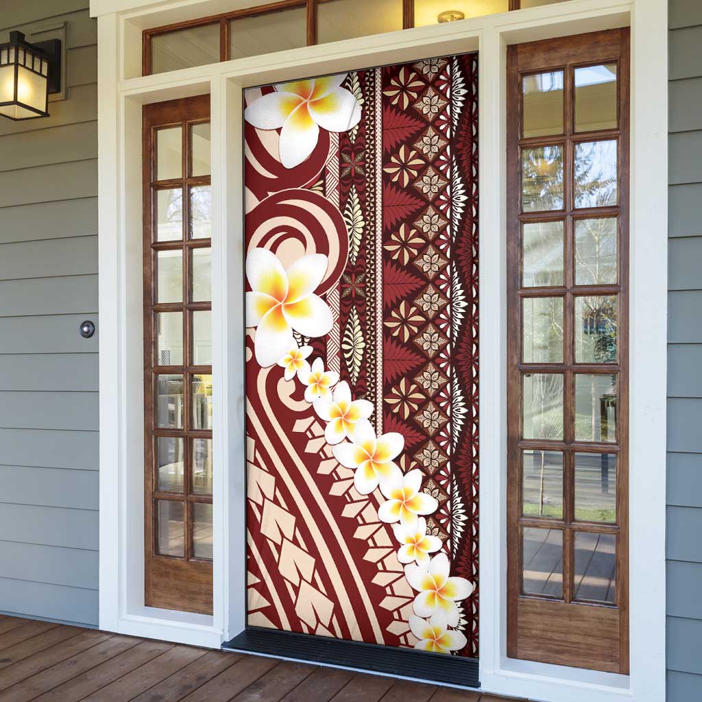 Red Vintage Tonga Ngatu Pattern With Plumeria Door Cover - Polynesian Pride