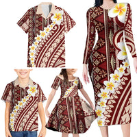 Red Vintage Tonga Ngatu Pattern With Plumeria Family Matching Long Sleeve Bodycon Dress and Hawaiian Shirt - Polynesian Pride