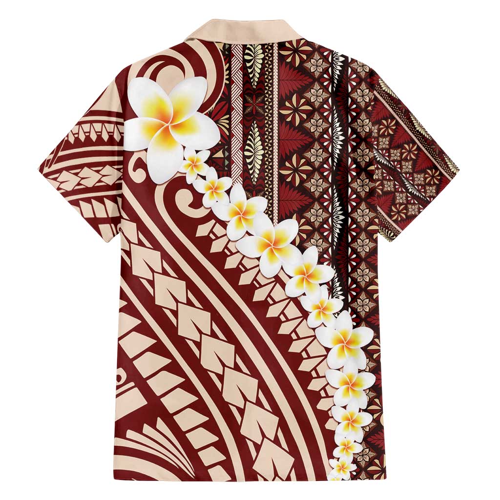 Red Vintage Tonga Ngatu Pattern With Plumeria Family Matching Long Sleeve Bodycon Dress and Hawaiian Shirt - Polynesian Pride