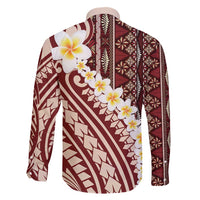Red Vintage Tonga Ngatu Pattern With Plumeria Family Matching Long Sleeve Bodycon Dress and Hawaiian Shirt - Polynesian Pride