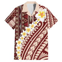 Red Vintage Tonga Ngatu Pattern With Plumeria Family Matching Off The Shoulder Long Sleeve Dress and Hawaiian Shirt - Polynesian Pride