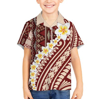 Red Vintage Tonga Ngatu Pattern With Plumeria Family Matching Off The Shoulder Long Sleeve Dress and Hawaiian Shirt - Polynesian Pride