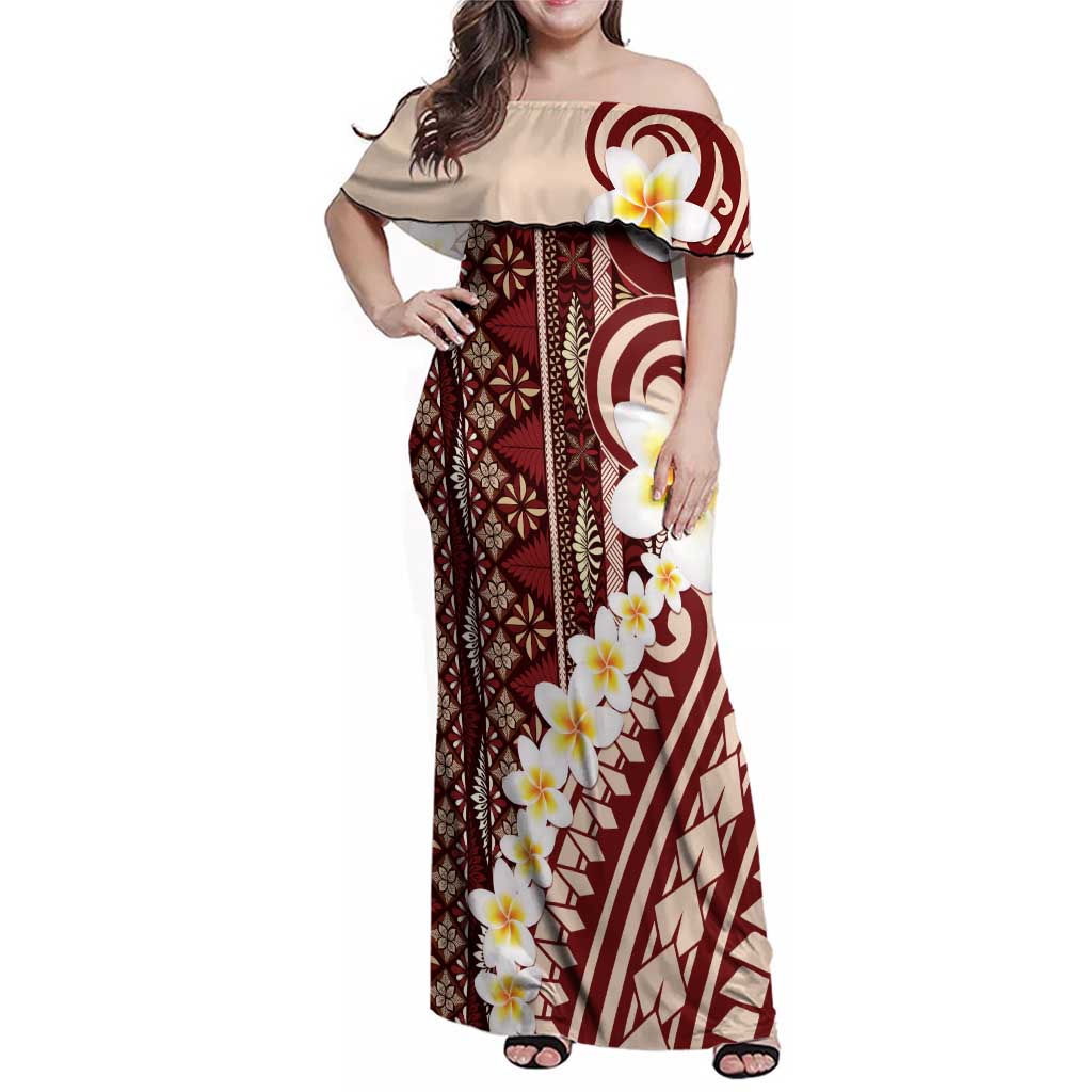 Red Vintage Tonga Ngatu Pattern With Plumeria Family Matching Off Shoulder Maxi Dress and Hawaiian Shirt - Polynesian Pride