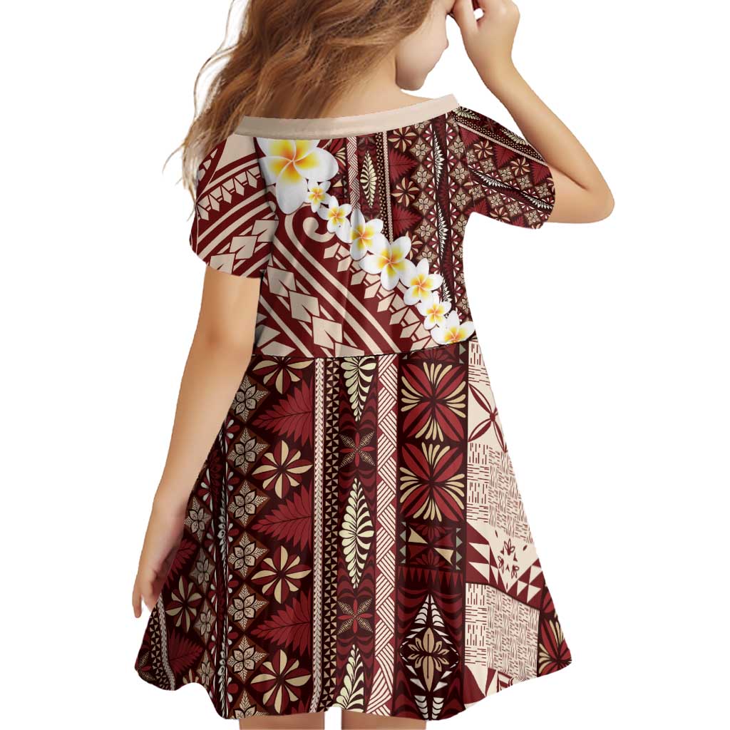 Red Vintage Tonga Ngatu Pattern With Plumeria Family Matching Off Shoulder Short Dress and Hawaiian Shirt - Polynesian Pride