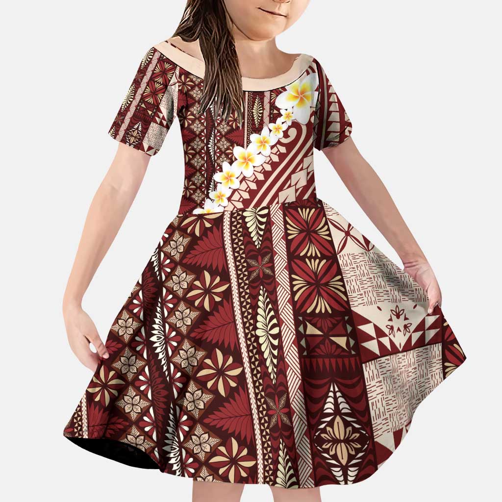 Red Vintage Tonga Ngatu Pattern With Plumeria Family Matching Puletasi and Hawaiian Shirt LT05 Daughter's Dress Red - Polynesian Pride