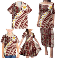 Red Vintage Tonga Ngatu Pattern With Plumeria Family Matching Puletasi and Hawaiian Shirt LT05 - Polynesian Pride