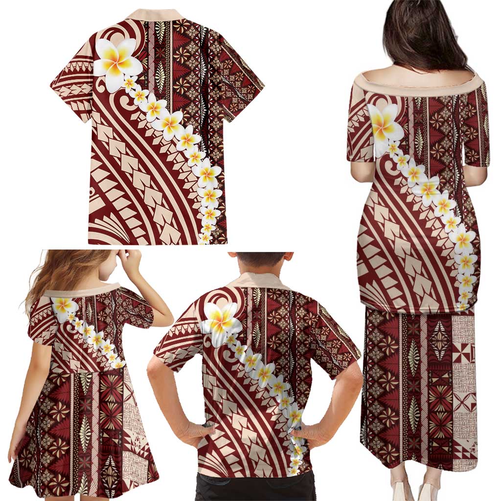 Red Vintage Tonga Ngatu Pattern With Plumeria Family Matching Puletasi and Hawaiian Shirt LT05 - Polynesian Pride