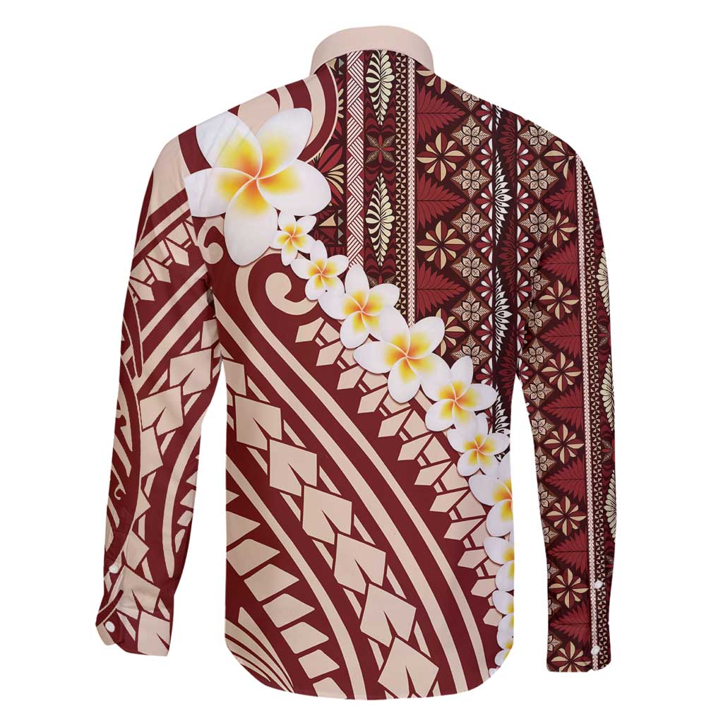 Red Vintage Tonga Ngatu Pattern With Plumeria Family Matching Puletasi and Hawaiian Shirt LT05 - Polynesian Pride