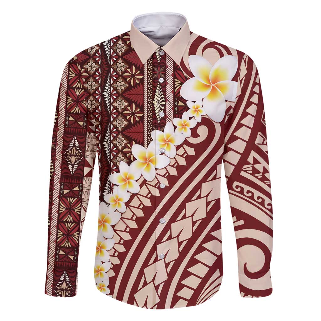 Red Vintage Tonga Ngatu Pattern With Plumeria Family Matching Summer Maxi Dress and Hawaiian Shirt - Polynesian Pride