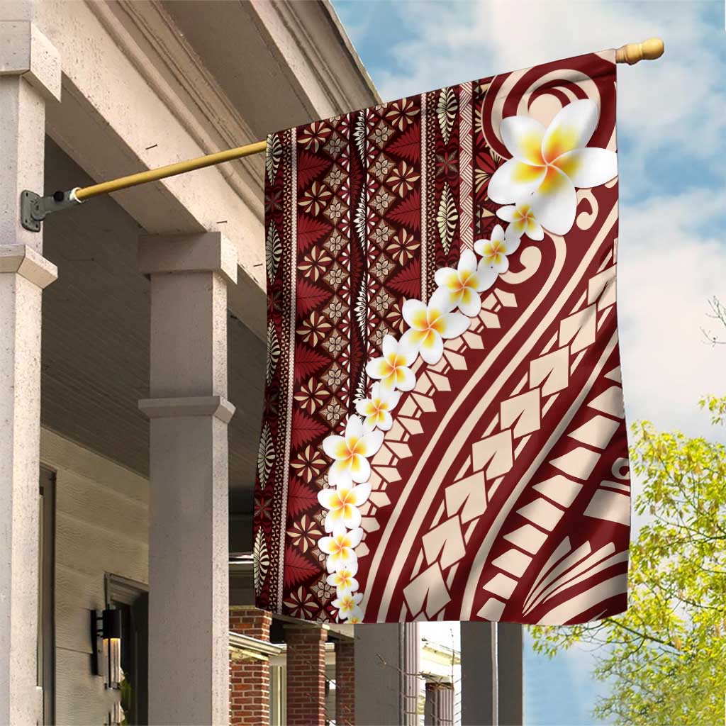 Red Vintage Tonga Ngatu Pattern With Plumeria Garden Flag - Polynesian Pride