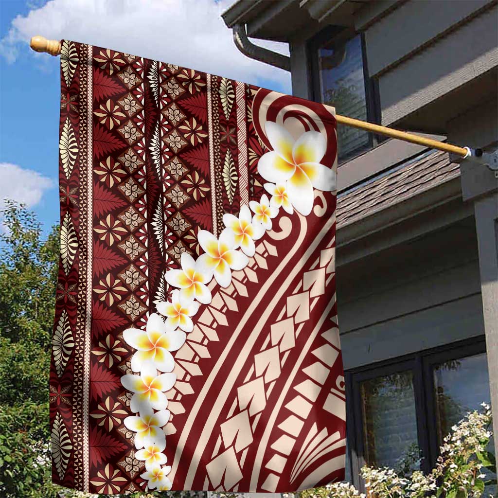 Red Vintage Tonga Ngatu Pattern With Plumeria Garden Flag - Polynesian Pride