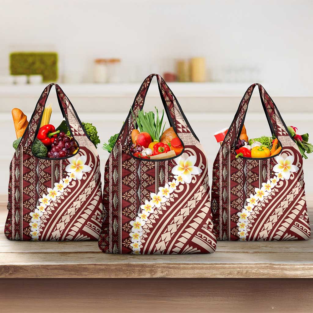 Red Vintage Tonga Ngatu Pattern With Plumeria Grocery Bag - Polynesian Pride