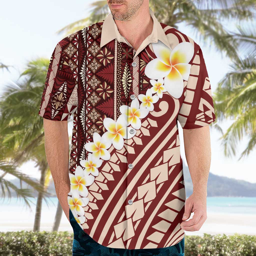 Red Vintage Tonga Ngatu Pattern With Plumeria Hawaiian Shirt LT05 - Polynesian Pride