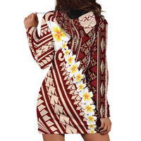 Red Vintage Tonga Ngatu Pattern With Plumeria Hoodie Dress LT05 - Polynesian Pride