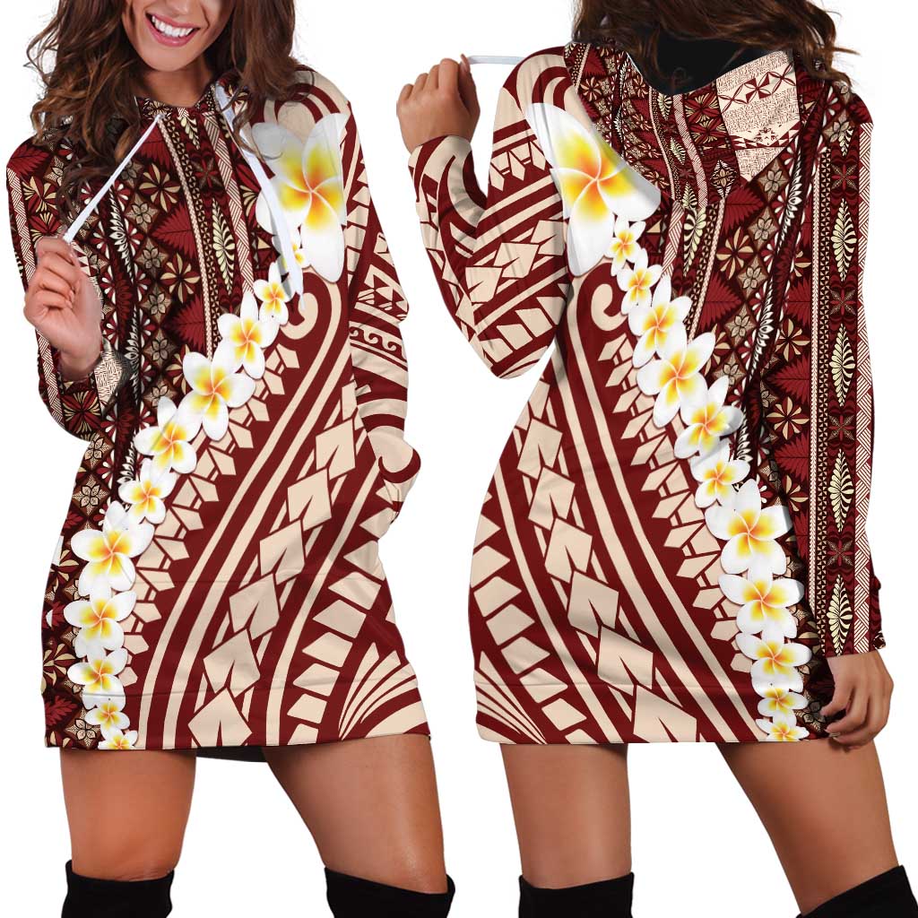 Red Vintage Tonga Ngatu Pattern With Plumeria Hoodie Dress LT05 - Polynesian Pride