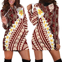 Red Vintage Tonga Ngatu Pattern With Plumeria Hoodie Dress LT05 - Polynesian Pride