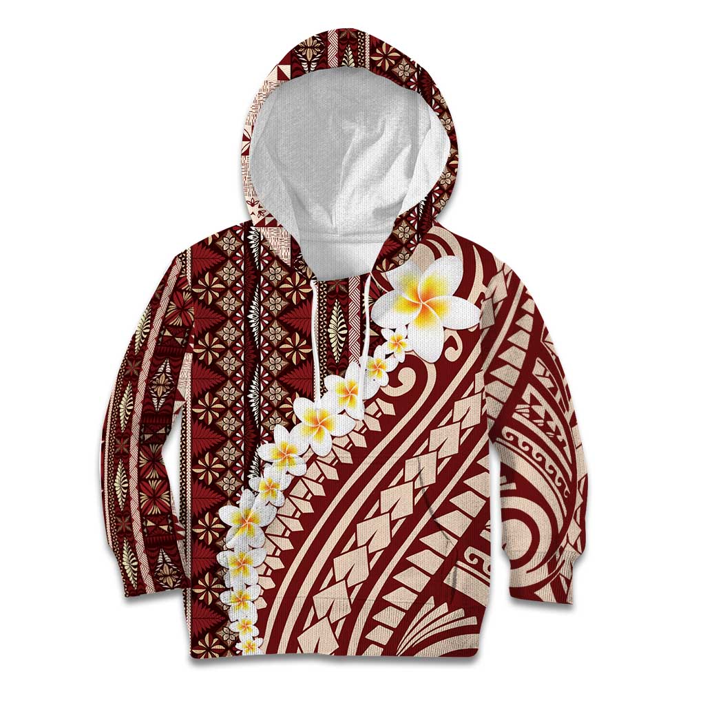 Red Vintage Tonga Ngatu Pattern With Plumeria Kid Hoodie - Polynesian Pride