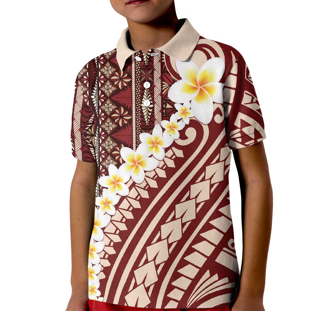 Red Vintage Tonga Ngatu Pattern With Plumeria Kid Polo Shirt LT05 Kid Red - Polynesian Pride