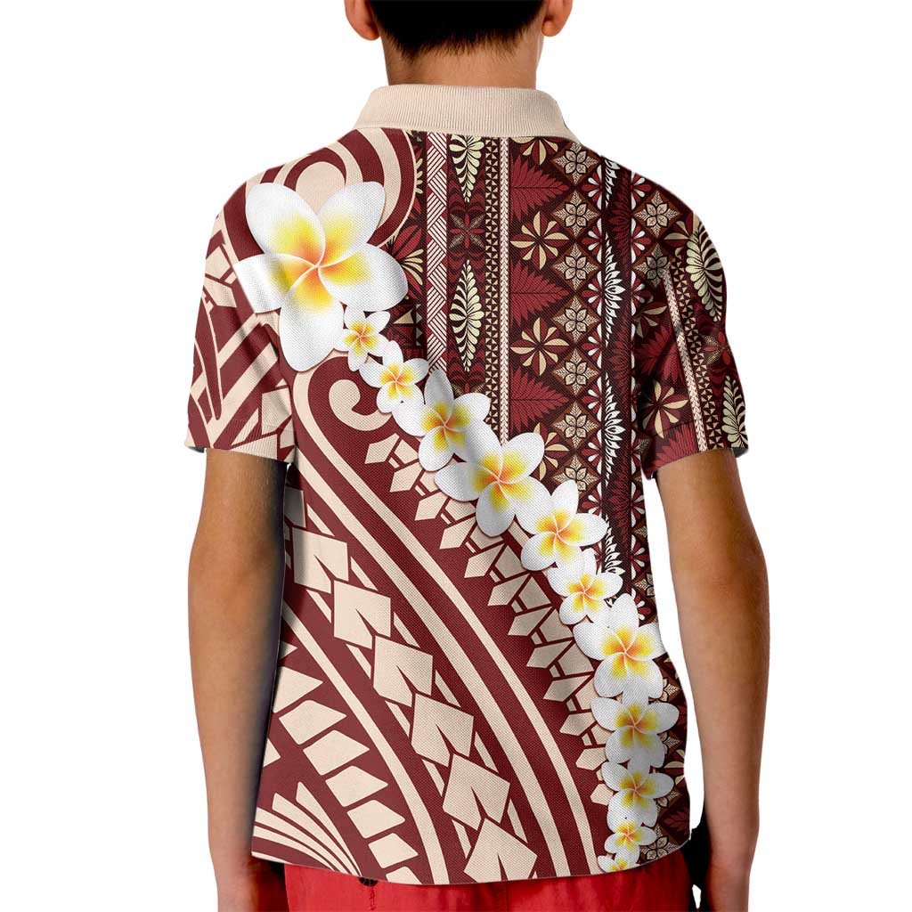 Red Vintage Tonga Ngatu Pattern With Plumeria Kid Polo Shirt LT05 - Polynesian Pride