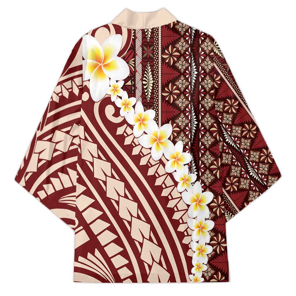 Red Vintage Tonga Ngatu Pattern With Plumeria Kimono LT05 - Polynesian Pride