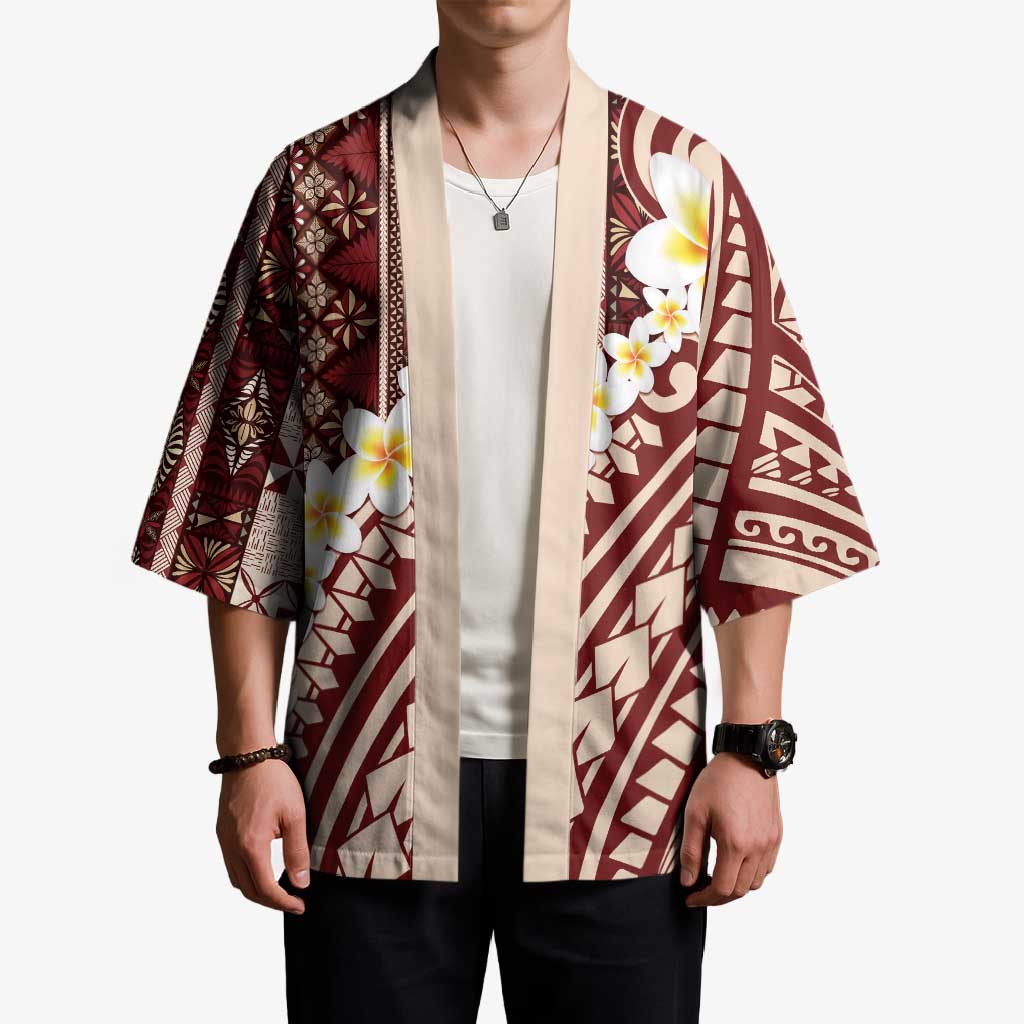 Red Vintage Tonga Ngatu Pattern With Plumeria Kimono LT05 - Polynesian Pride