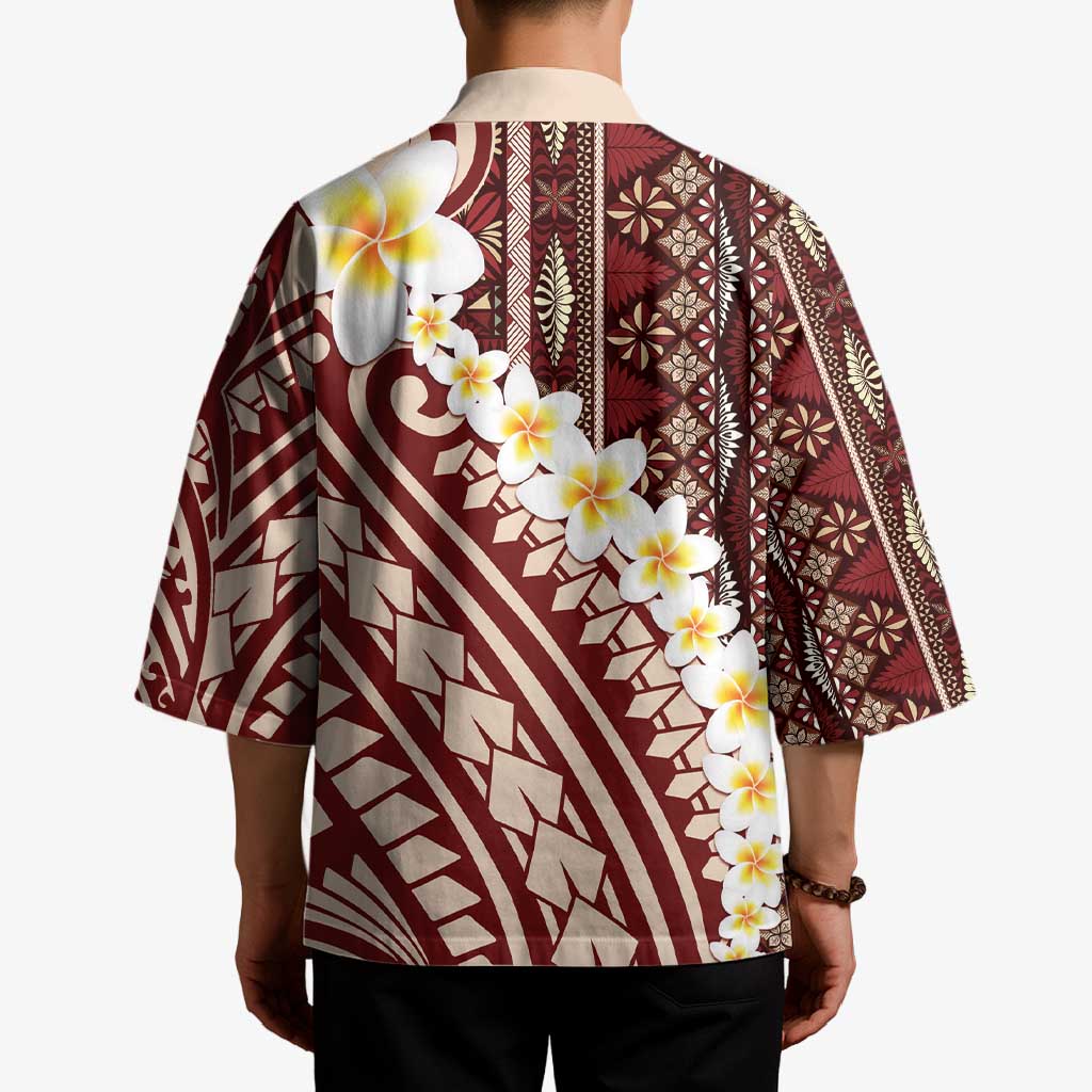 Red Vintage Tonga Ngatu Pattern With Plumeria Kimono LT05 - Polynesian Pride