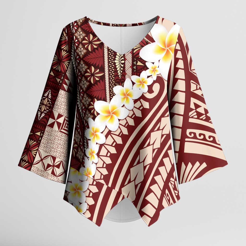 Red Vintage Tonga Ngatu Pattern With Plumeria Kimono Sleeve Blouse LT05 Female Red - Polynesian Pride