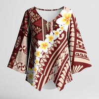 Red Vintage Tonga Ngatu Pattern With Plumeria Kimono Sleeve Blouse LT05 Female Red - Polynesian Pride