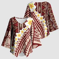 Red Vintage Tonga Ngatu Pattern With Plumeria Kimono Sleeve Blouse LT05 - Polynesian Pride