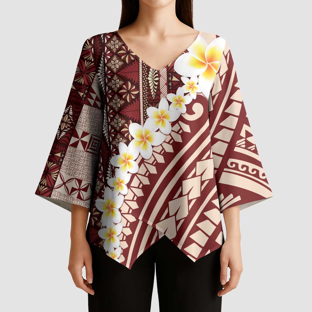 Red Vintage Tonga Ngatu Pattern With Plumeria Kimono Sleeve Blouse LT05 - Polynesian Pride