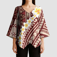 Red Vintage Tonga Ngatu Pattern With Plumeria Kimono Sleeve Blouse LT05 - Polynesian Pride