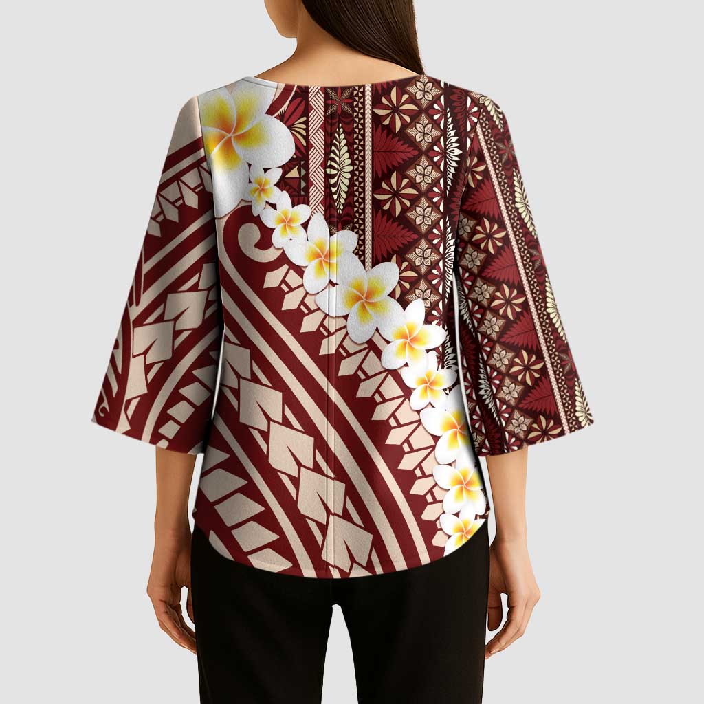 Red Vintage Tonga Ngatu Pattern With Plumeria Kimono Sleeve Blouse LT05 - Polynesian Pride