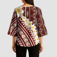 Red Vintage Tonga Ngatu Pattern With Plumeria Kimono Sleeve Blouse LT05 - Polynesian Pride