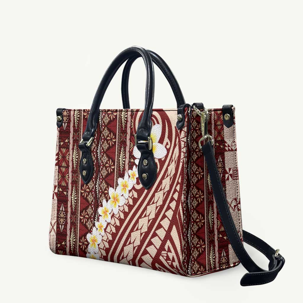 Red Vintage Tonga Ngatu Pattern With Plumeria Leather Bag - Polynesian Pride