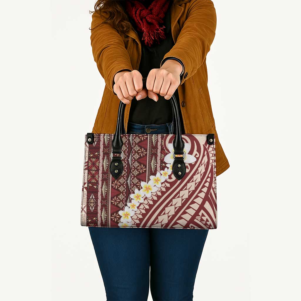 Red Vintage Tonga Ngatu Pattern With Plumeria Leather Bag - Polynesian Pride